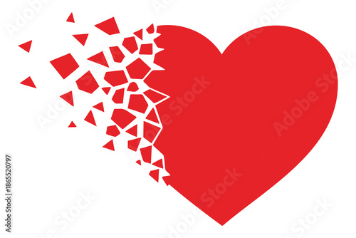 Shattered heart symbol with broken pieces flying out to the side on white background
