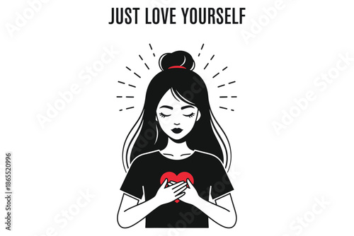 Woman with long hair holding heart on her chest with closed eyes and a serene expression on a white background