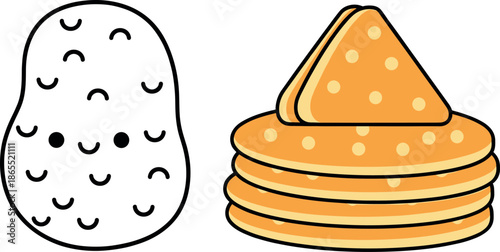 Cute cartoon potato line art character and stack of golden pancakes vector illustration isolated on white background for breakfast.