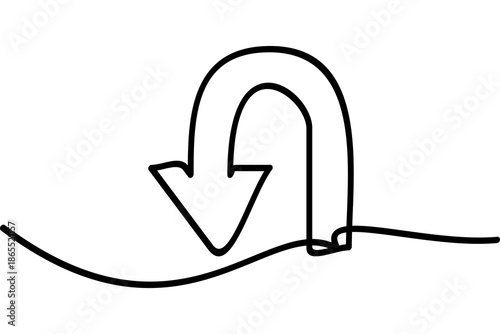 Illustration of a continuous line design of a downward turning arrow. An interesting abstract line art design.