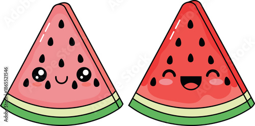 Cute kawaii watermelon slices vector set with happy smiling faces and red fruit pulp isolated on white background.