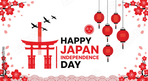 Japan themed celebration illustration, traditional cultural elements graphic, torii gate and lantern design, festive red floral frame artwork composition