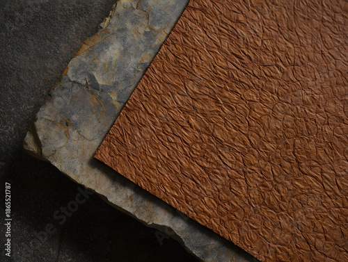 Regenerative material close-up Mycelium leather swatch on stone background organic texture sustainable innovation