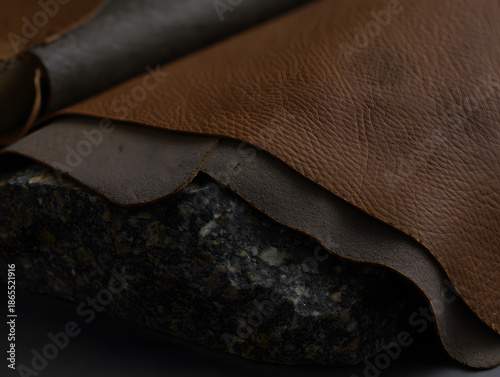 Regenerative material close-up Mycelium leather swatch on stone background organic texture sustainable innovation