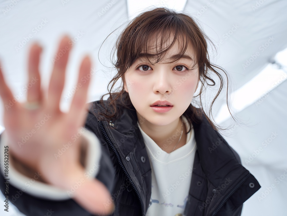 Naklejka premium 手を伸ばして制止や距離感を伝える若い女性のリアルな感情表現イメージ写真