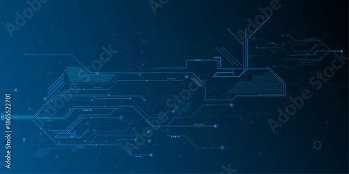 Abstract circuit board futuristic technology processing background. Technology lines circuit and dots on blue background, circuit board network connection. 