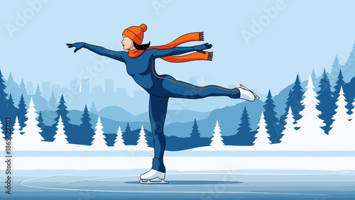 Woman ice skating on frozen lake with city skyline