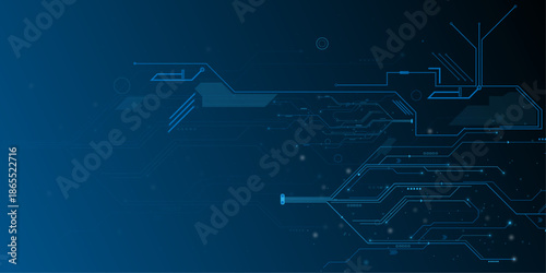 Abstract circuit board futuristic technology processing background. Technology lines circuit and dots on blue background, circuit board network connection. 
