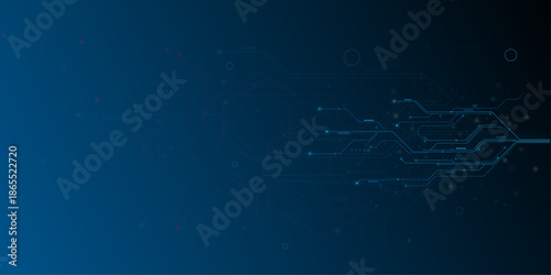 Abstract circuit board futuristic technology processing background. Technology lines circuit and dots on blue background, circuit board network connection. 