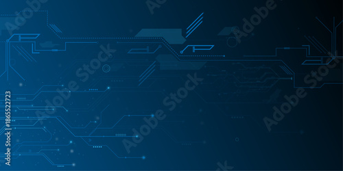 Abstract circuit board futuristic technology processing background. Technology lines circuit and dots on blue background, circuit board network connection. 
