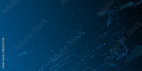 Abstract circuit board futuristic technology processing background. Technology lines circuit and dots on blue background, circuit board network connection. 