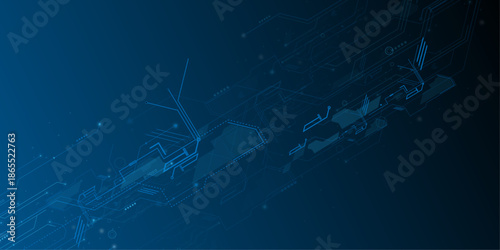 Abstract circuit board futuristic technology processing background. Technology lines circuit and dots on blue background, circuit board network connection. 