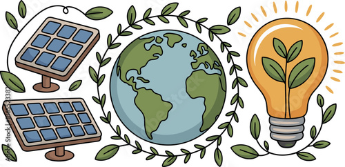 Eco friendly green energy concept vector with solar panels earth globe and light bulb with leaves for ecology sustainability.