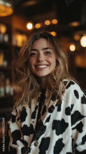 Wallpaper Mural A smiling young woman in a cozy indoor setting, possibly at a bar, wearing casual animal-print clothing. Torontodigital.ca