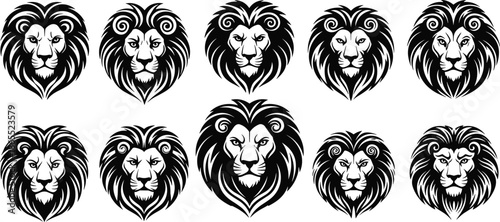 Lion head illustration set, black vector silhouette, stylized mane designs, animal face icons, tattoo art, wild feline graphic