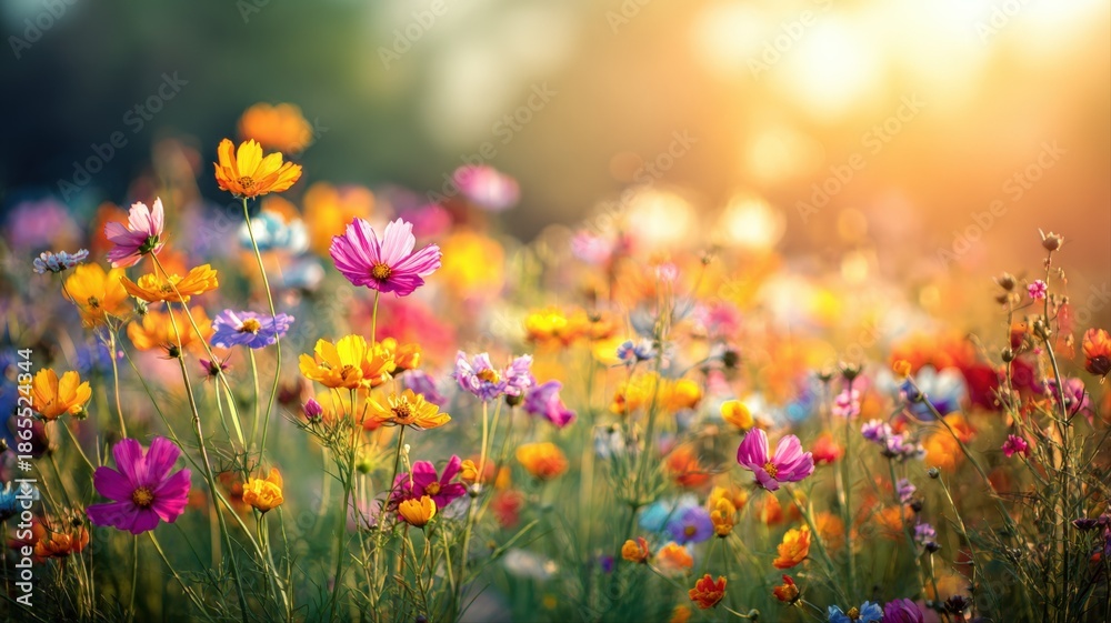 Fototapeta premium Vibrant Cosmos Flowers in a Meadow Bathed in Golden Sunlight, Evoking Joy and Warmth