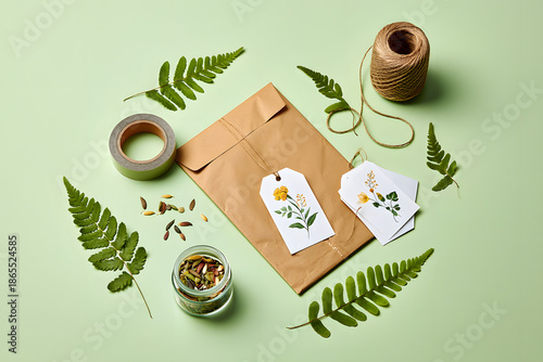 Sustainable packaging Flat lay compostable mailer kraft tape seed paper tag natural light eco