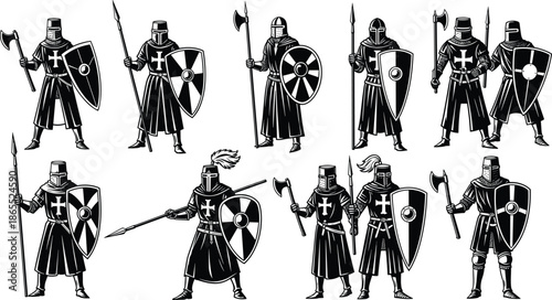 Medieval knight silhouettes, crusader armor, shield and weapon, battle pose, historical warrior, black vector, cross tunic, medieval art, illustration design