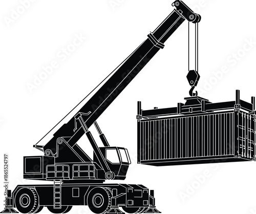 Mobile telescopic crane lifting a shipping container in black silhouette, heavy machinery for logistics and transport, cad drawing flat vector illustration, industrial,