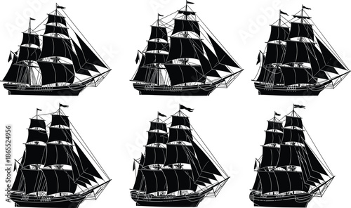 Set of six black silhouettes of vintage tall sailing ships with multiple masts and sails, nautical ocean travel, cad drawing flat vector illustration,