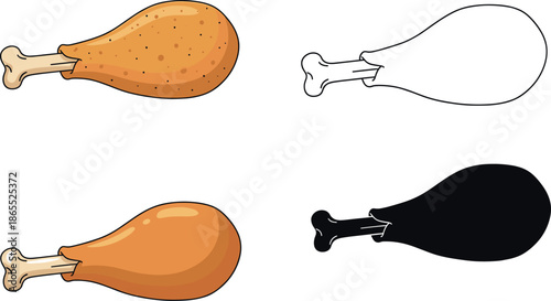 Chicken drumstick vector set with fried flat line art and silhouette styles isolated on white background for food icons.