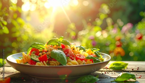 바질과 방울토마토를 곁들인 신선한 가든 파스타 샐러드 Fresh Garden Pasta Salad with Basil and Cherry Tomatoes