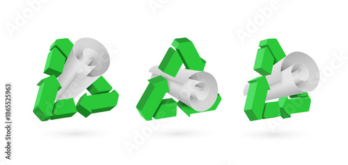 3d green recycling logo, swirling around paper in three different perspectives, to promote waste separation campaigns on world Recycling day, 3D vector illustration for advertising design