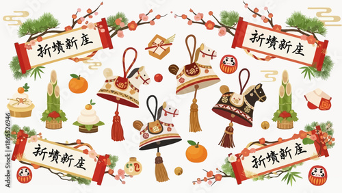 A vibrant collection of traditional Japanese New Year decorations including horse bells, Kadomatsu, Kagami mochi, Daruma dolls, and festive scrolls.