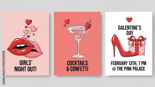 Three vibrant pink-themed cards celebrating Galentine's Day and girls' night out, featuring illustrations of lips, cocktails, and a high heel shoe.