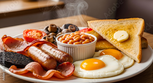 Delicious full english breakfast plate with bacon and eggs