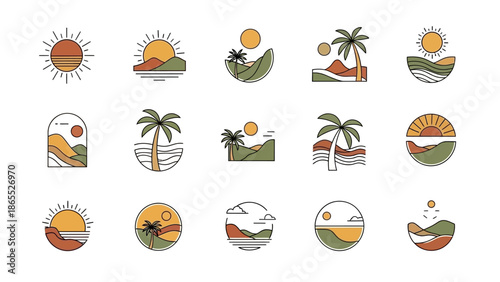 Minimalist line art illustrations of sun, landscapes, and palm trees in a warm, earthy color palette, perfect for modern design elements.