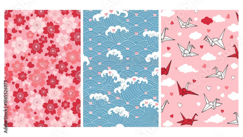 Three seamless Japanese-inspired patterns featuring cherry blossoms, traditional waves, and origami cranes with hearts and clouds.