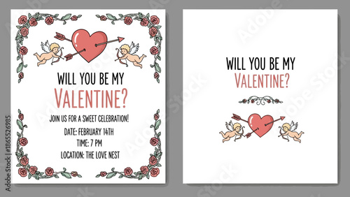Two square Valentine's Day cards featuring a red heart pierced by an arrow, cherubs, and the question 'Will you be my Valentine?', with one card including event details.
