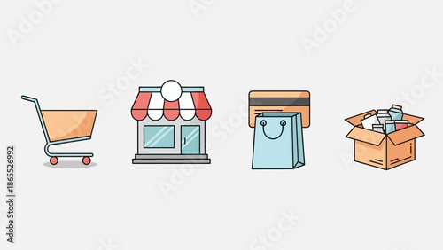 A set of four colorful icons representing e-commerce, online shopping, retail, and delivery services, including a cart, store, bag, and box.