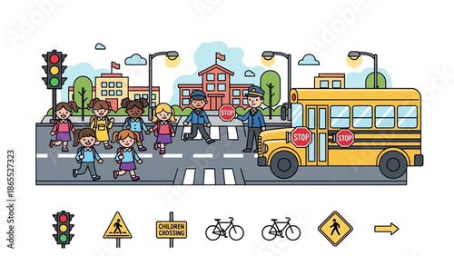 Children crossing a street safely with a school bus and crossing guards present, near a school building.