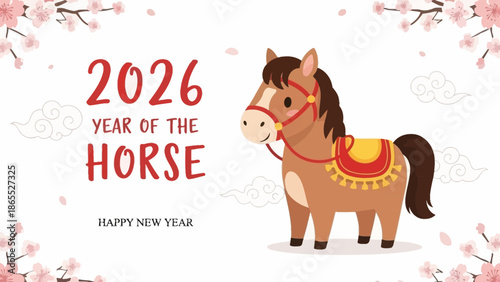 Happy New Year 2026, the Year of the Horse, with a cute cartoon horse and cherry blossoms.