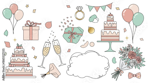 A delightful collection of wedding and celebration elements, including cakes, champagne, gifts, and flowers, rendered in a soft, pastel color palette.