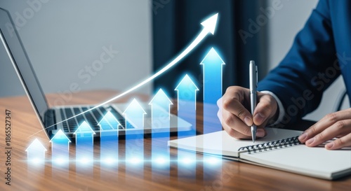 Business Growth Visualization: Person Analyzing Data and Planning Strategy for Financial Success with Laptop