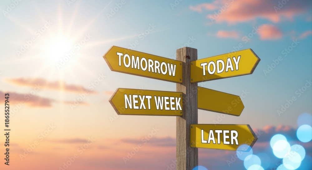 Fototapeta premium Time Management Signpost Under Bright Sky: Today, Tomorrow, Later, Next Week Conceptual Illustration