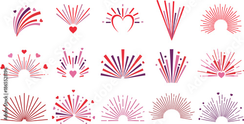 A collection of pink and red heartburst designs on transparent background