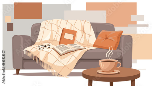 Cozy living room with couch, coffee table, and warm decor