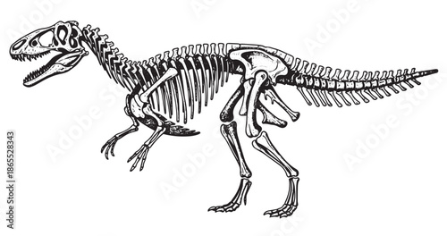 Dinosaur fossil anatomy sketch in scientific engraved illustration style
