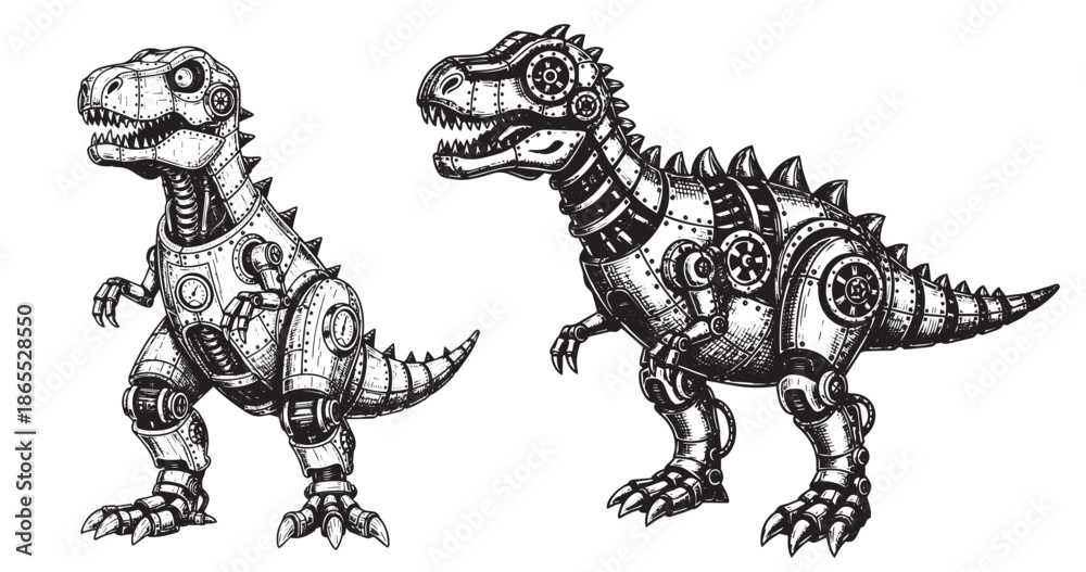 Obraz premium Mechanical dinosaur hybrid illustration in vintage engraved steampunk style