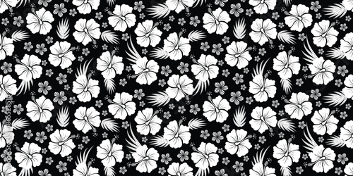 Beautiful tropical rainforest pattern. black white hibiscus flowers motif, hibiscus flower on a white background. Summer fabric patterns Hawaiian shirts. botanical motifs floral hibiscus.black white.