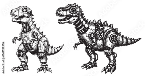 Mechanical dinosaur hybrid illustration in vintage engraved steampunk style