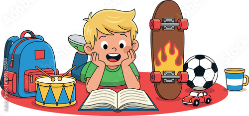 Happy young boy lying on a red rug reading a book surrounded by toys school bag skateboard and drum.