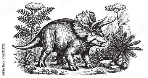 Triceratops wildlife landscape illustration in vintage engraved vector style