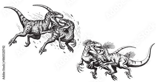 Velociraptor dinosaur battle scene in dramatic vintage engraving style
