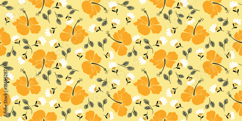 Beautiful tropical floral pattern fashion, creating a gentle, vintage, soft look. Sweet hibiscus flower design for summer wear, shirts, sun hats, bags. Seamless hibiscus floral print. yellow color. 