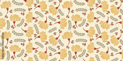 Beautiful tropical floral pattern fashion, creating a gentle, vintage, soft look. Sweet hibiscus flower design for summer wear, shirts, sun hats, bags. Seamless hibiscus floral print. yellow color. 